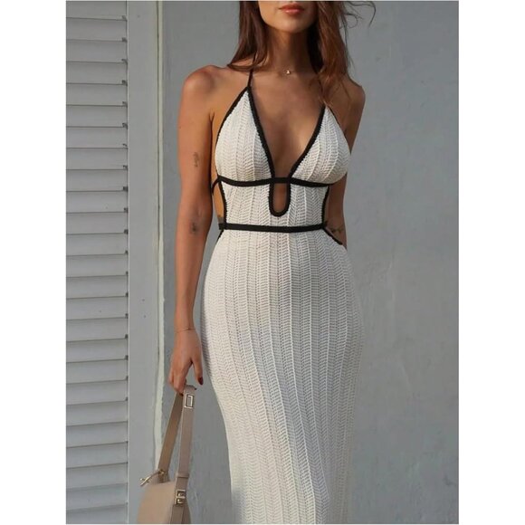 Women’s Boho Maxi Dress Crochet Open Back Halter Knit Party Wedding - Picture 2 of 4
